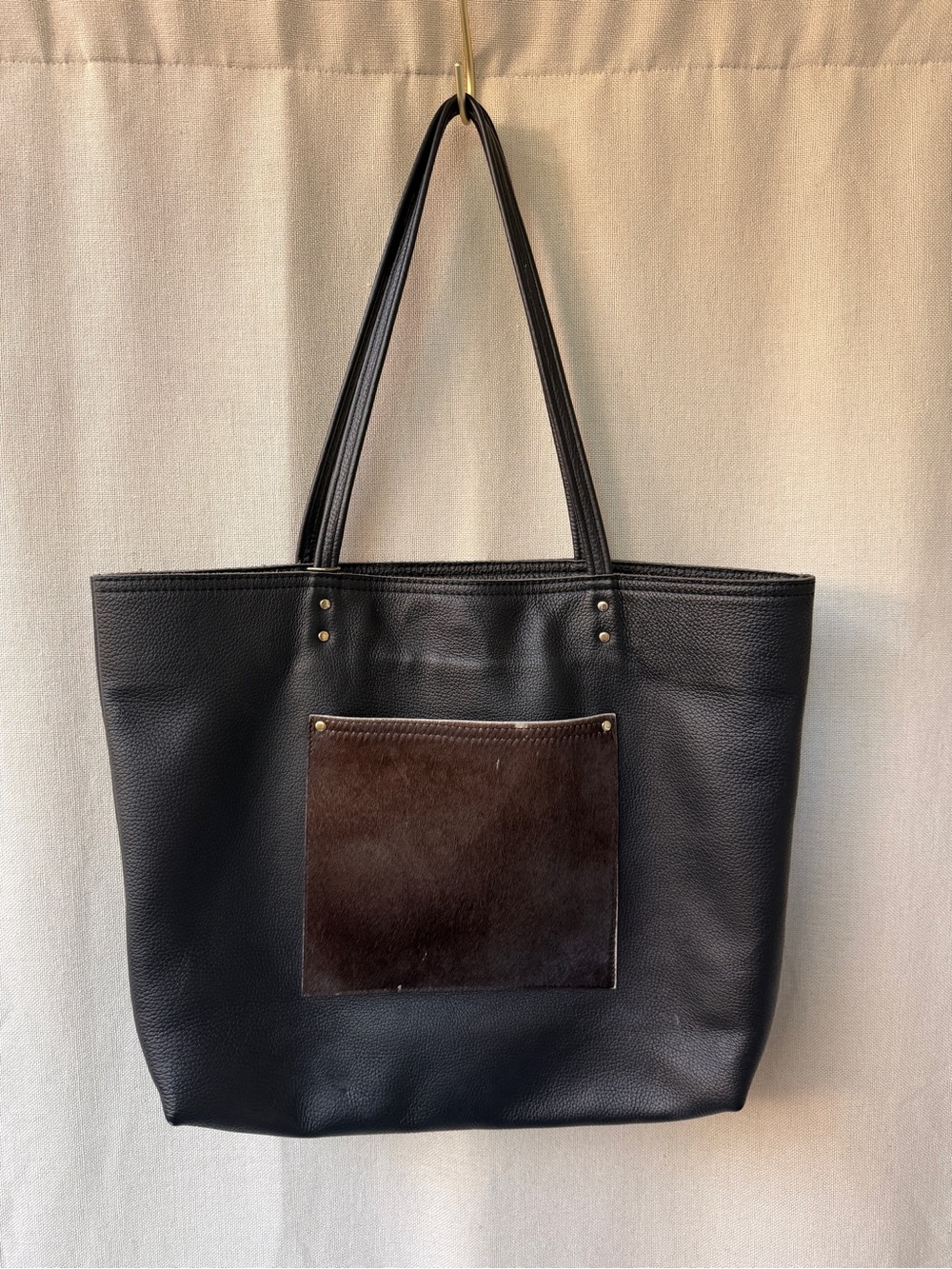 Black Leather Tote Bag with Brown Fur Front Pocket